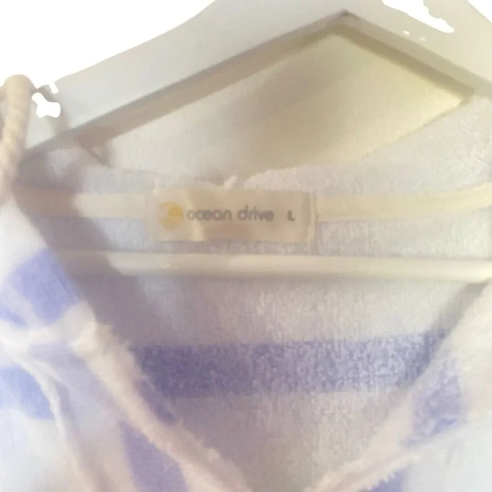 Ocean Drive Hoodie – Large, Blue and White Striped Pullover with Raw Hem - Picture 6 of 6